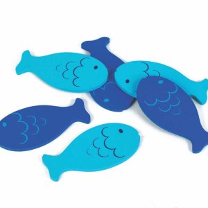 Seis peixinhos do mesmo tamanho, três em azul escuro e três em azul claro.
