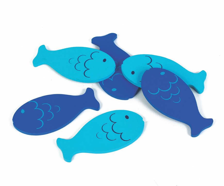 Seis peixinhos do mesmo tamanho, três em azul escuro e três em azul claro.
